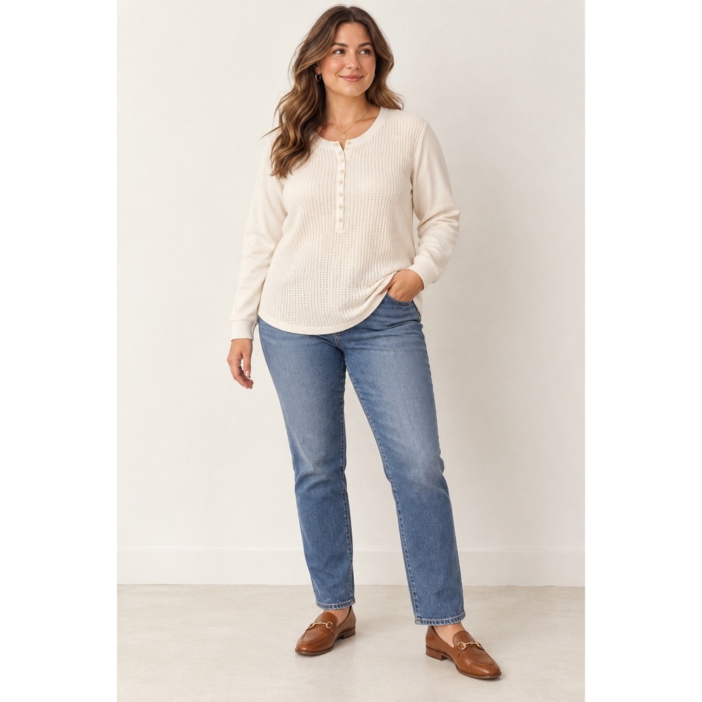 Elliott Lauren Cream Waffle Knit Henley Top XL Minimalist Quiet Luxury Boho
